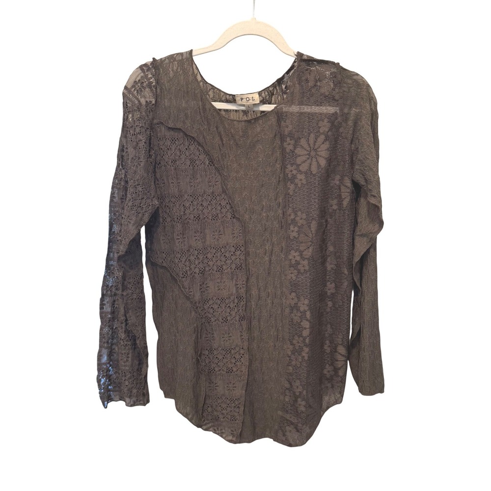 POL Womens Boho Long Sleeve Lace Fabric Knit Top Boat Neck Sheer Floral Taupe